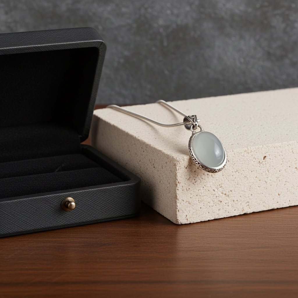Blue Chalcedony  Cabochon Pendant Necklace