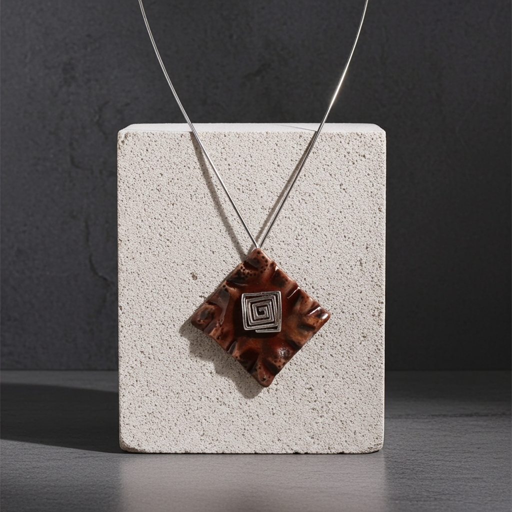 Silver Choker with Handmade Browne Wash Raku Glazed Pendant