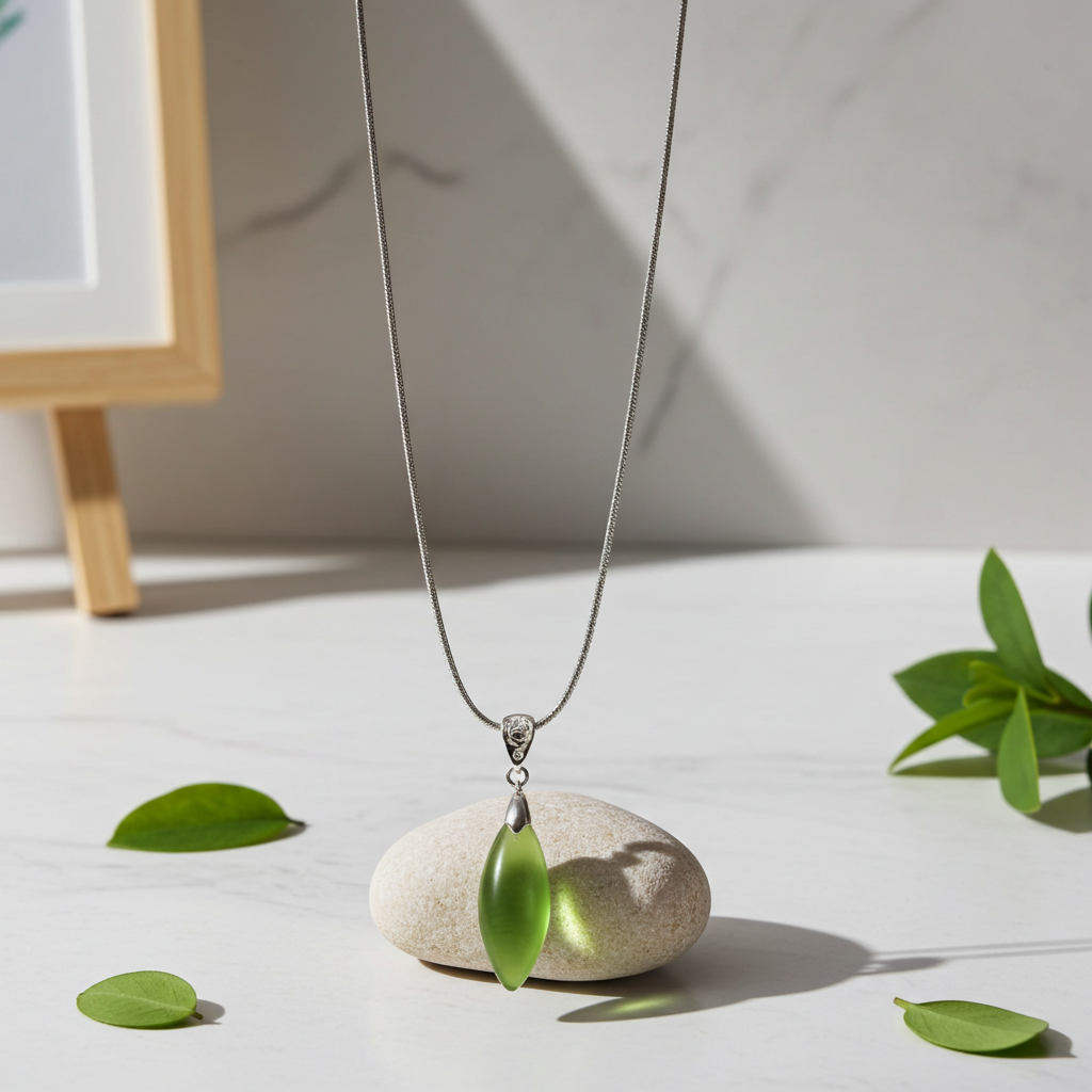 Green Teardrop  Sea Glass Pendant Necklace