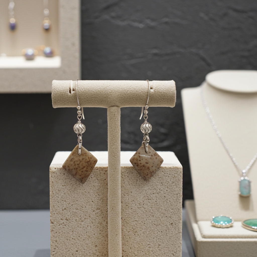 Petrified Palmwood Tan Gemstone Drop Earrings