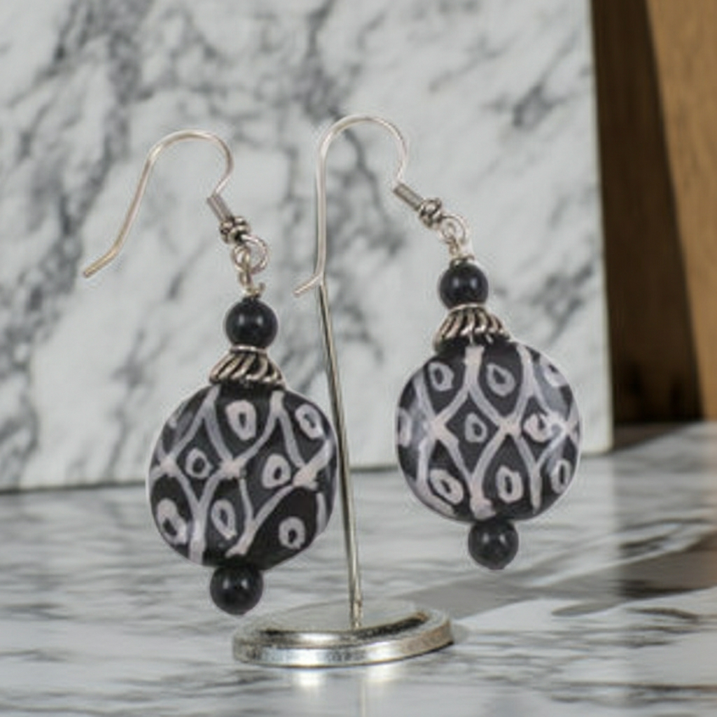 Handmade Black & White Kazuri Earrings