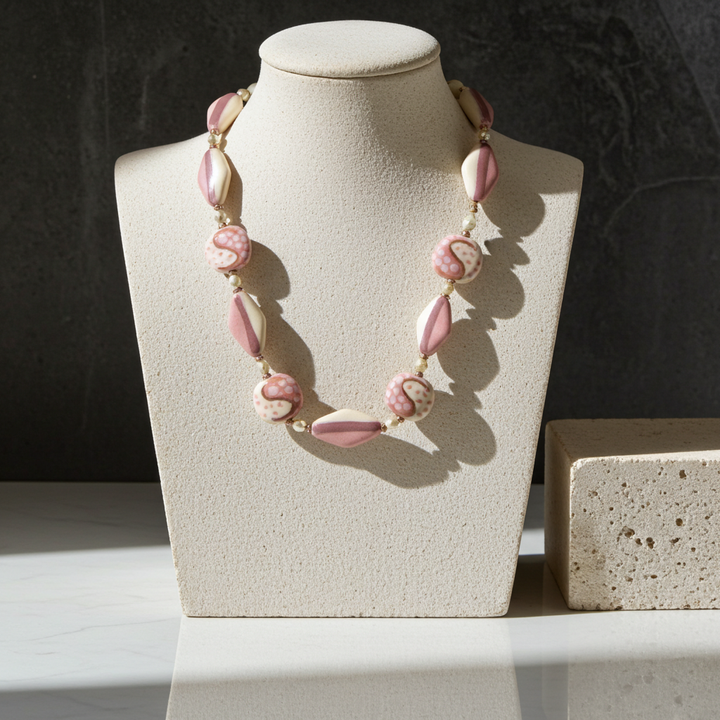 Kazuri Necklace in Pink and Ivory African Beads