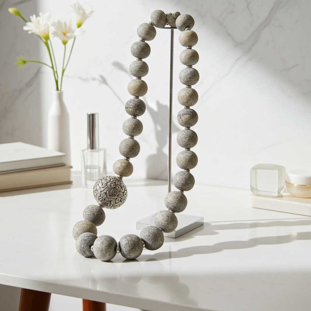 Silver and Rare Petrified Dinosaur Bone Bead Necklace