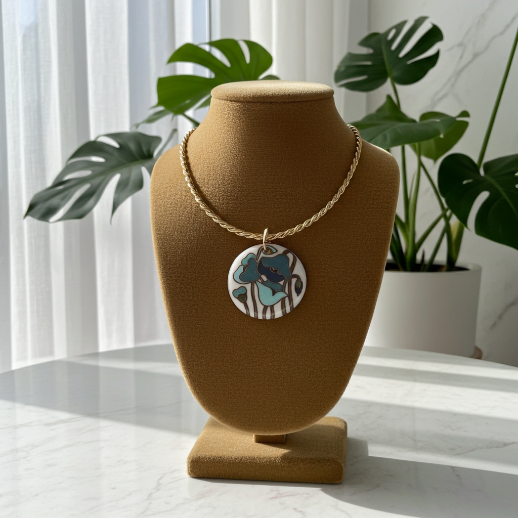 Handmade Turquoise Artisan Bead Big  Pendant on Gold Neck Wire