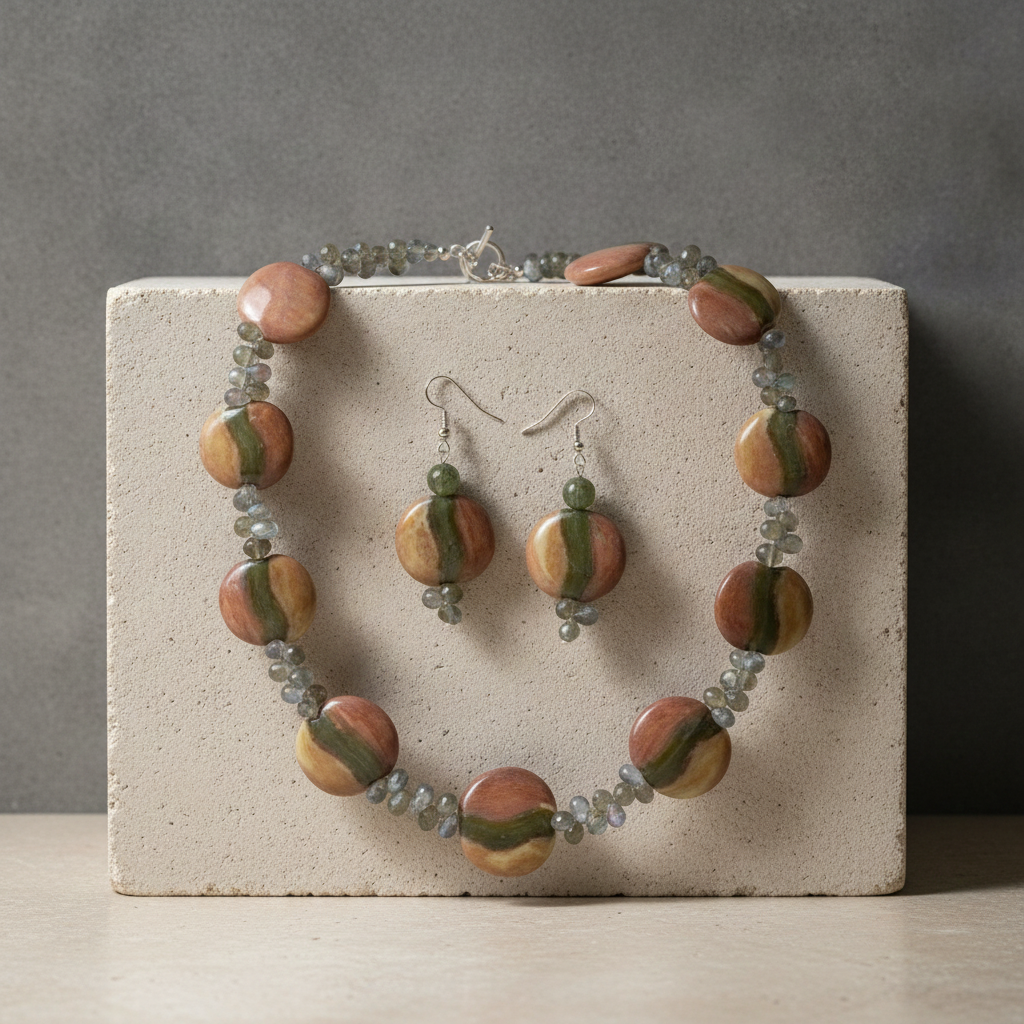 Tan Necklace & Earrings in Handmade Kazuri Beads