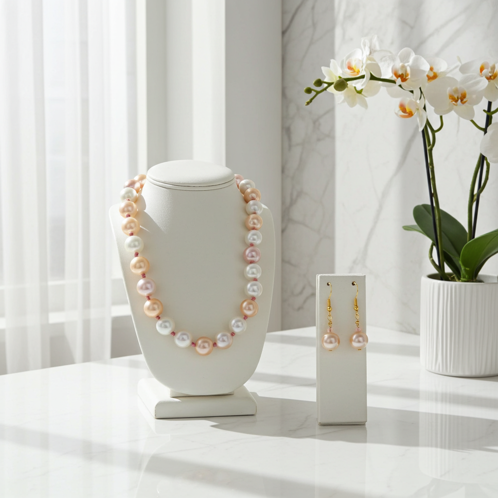 Pink Shell Pearl Necklace & Earrings