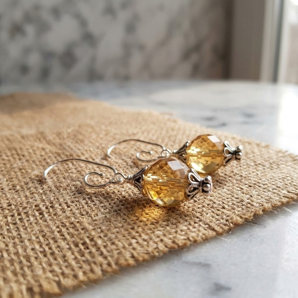 Big Czech Crystal Bead Drop Earrings Beige