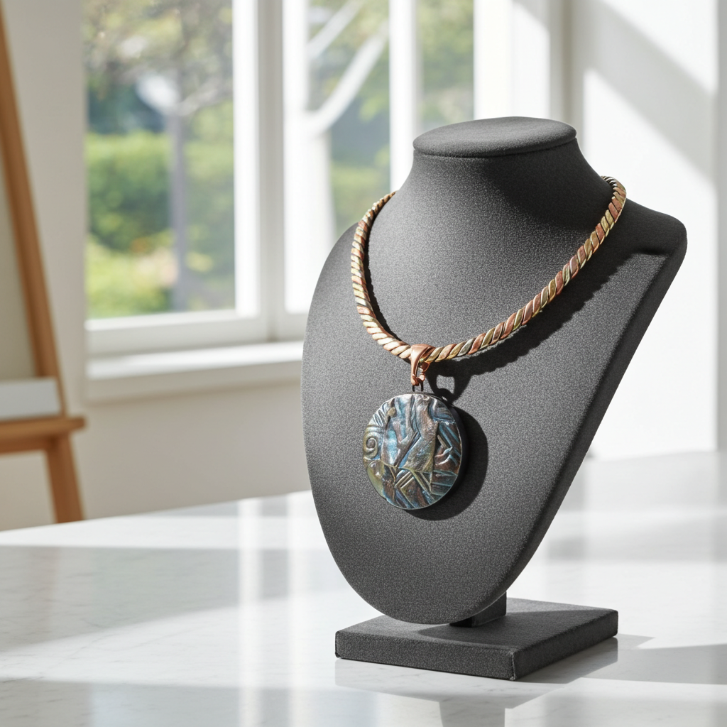 Choker with Statement Iridescent Blue Handmade Pendant Raku Glaze