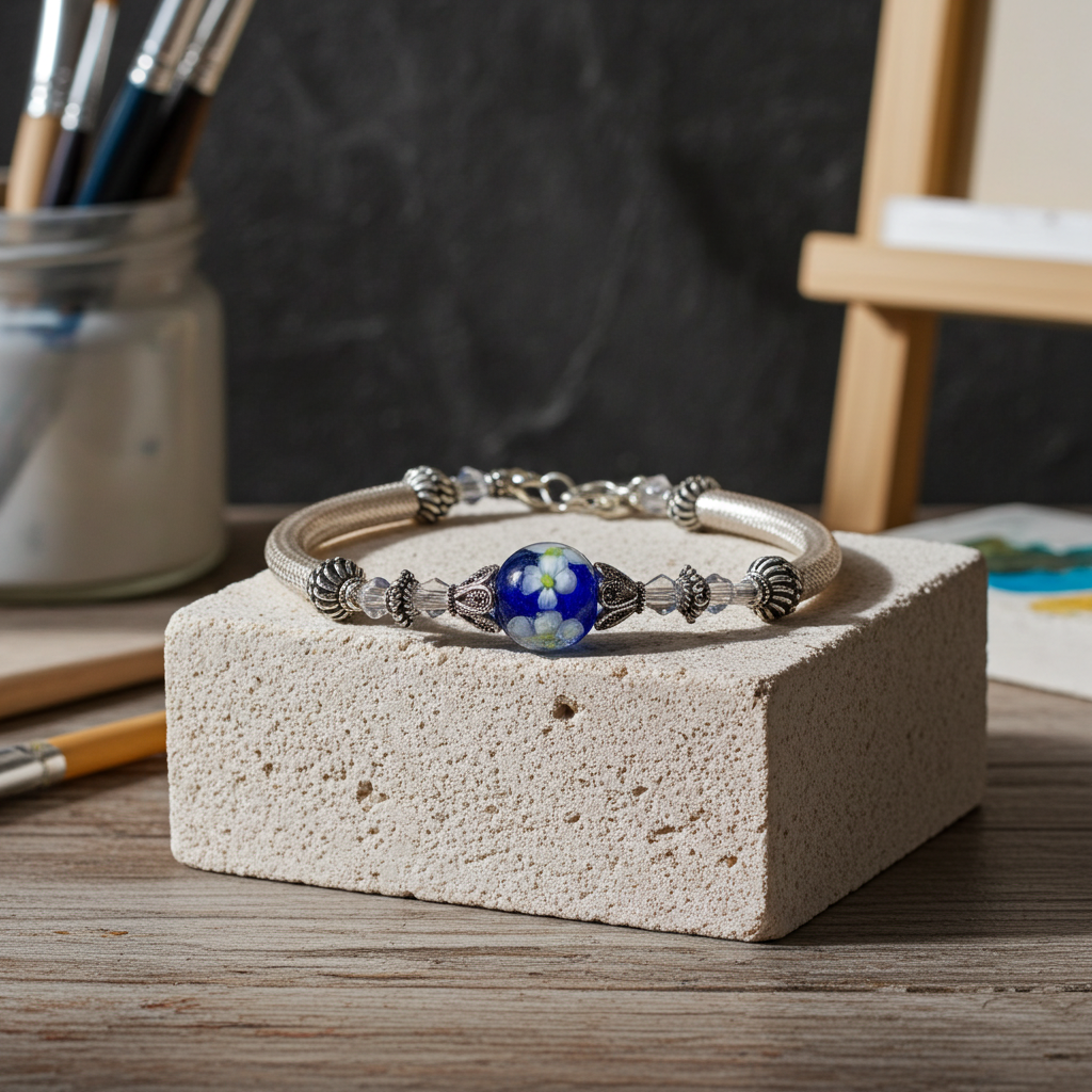 Blue Artisan Beaded Silver  Bangle Bracelet