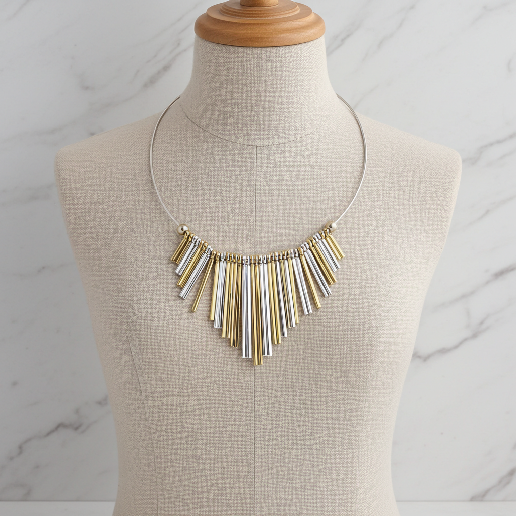 Double Gold & Silver Fan Pendant Necklace Trendy Style