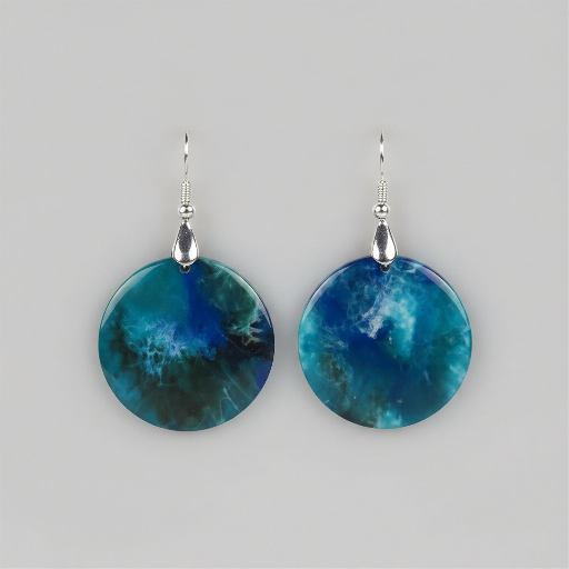 A pair of round drop earrings with a marbled blue and teal stone-like pattern, suspended from silver fishhook wires, shown against a solid gray background.