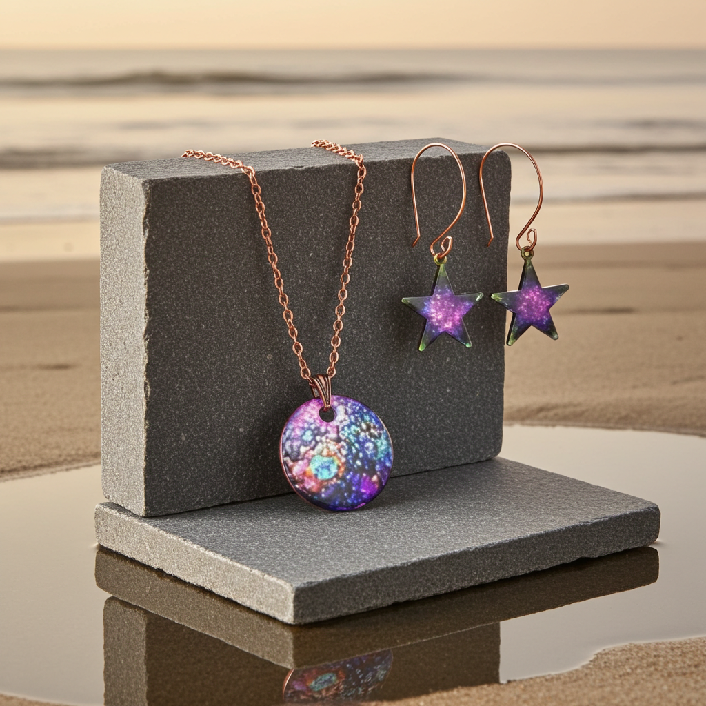 Bold Purple Patina Copper Pendant Necklace &  Earrings