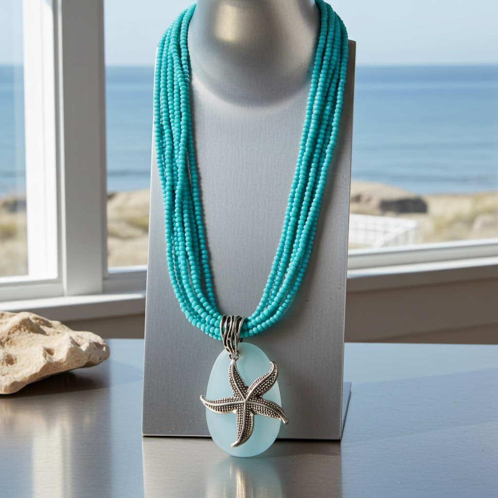 Aqua Sea Glass Pendant  Multi-strand Necklace
