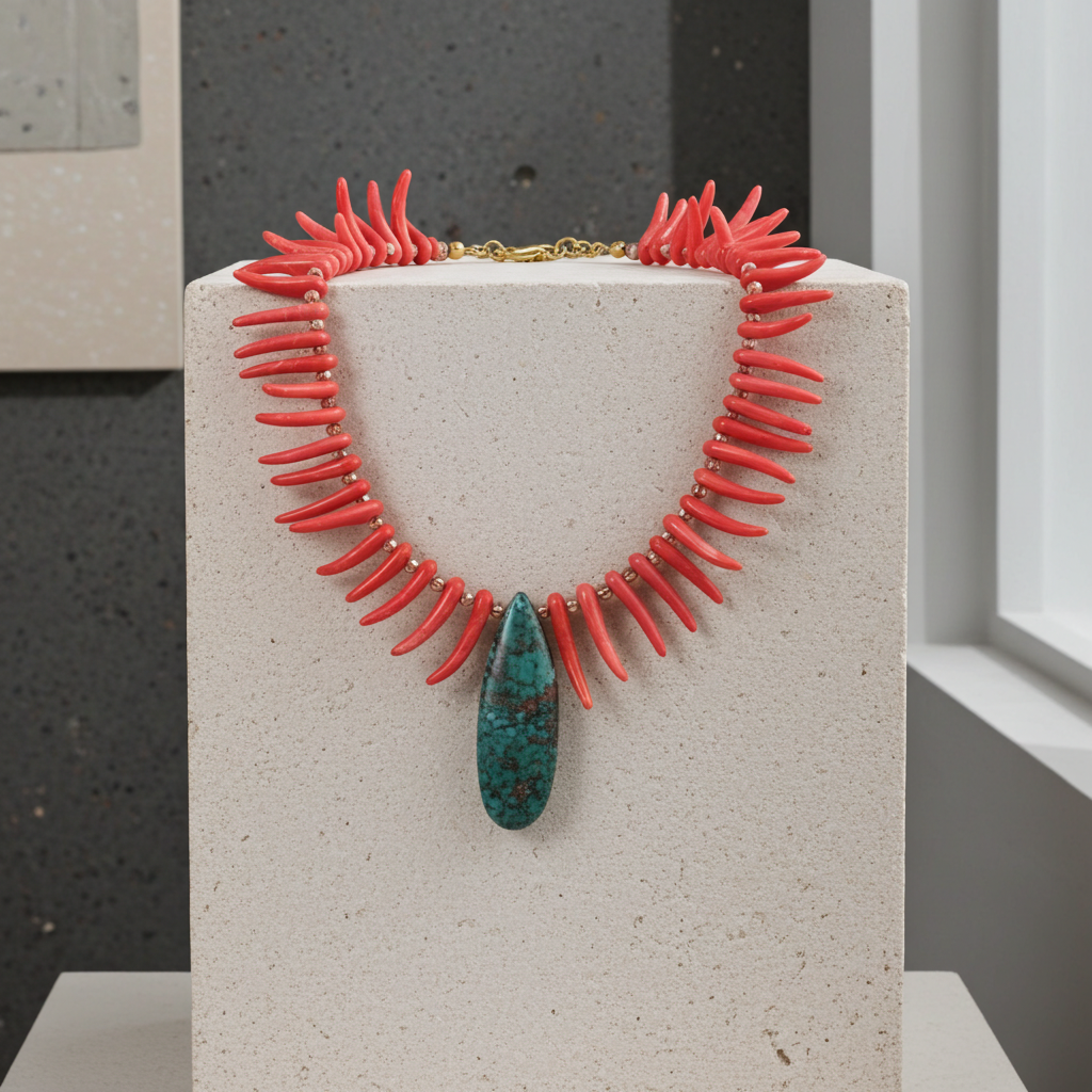 Handmade Pink Bead Necklace with Blue Green Gemstone Pendant