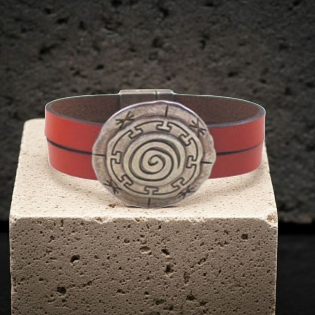 Burnt Orange Leather Bracelet with Silver Mandala Focus