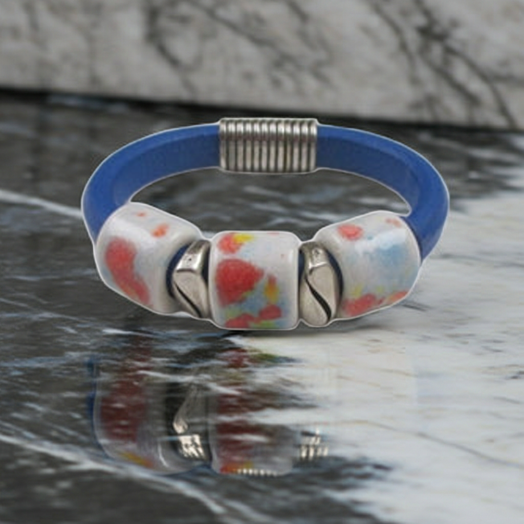 Bright Blue Leather Cord  Bracelet with Handmade White Accents