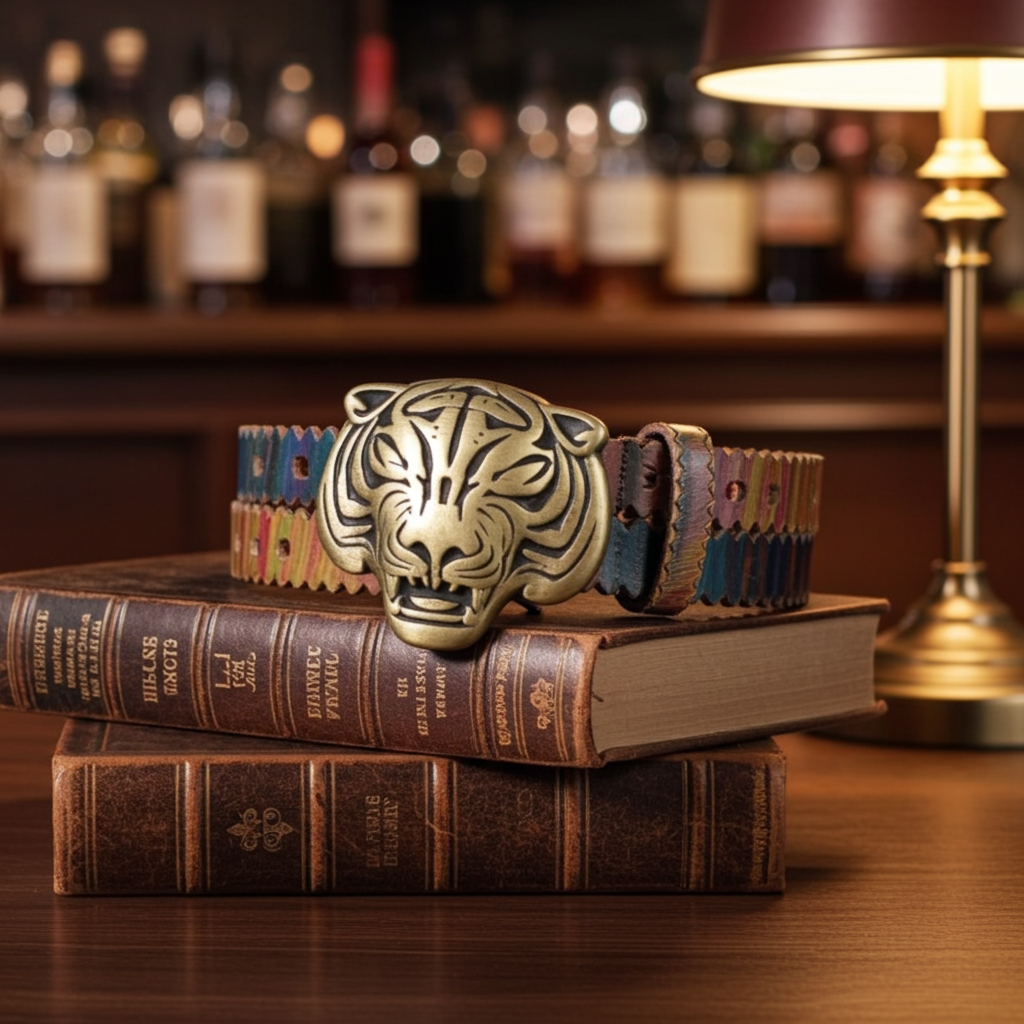 Multi-colored Leather Cuff Bracelet with Tiger for a Man