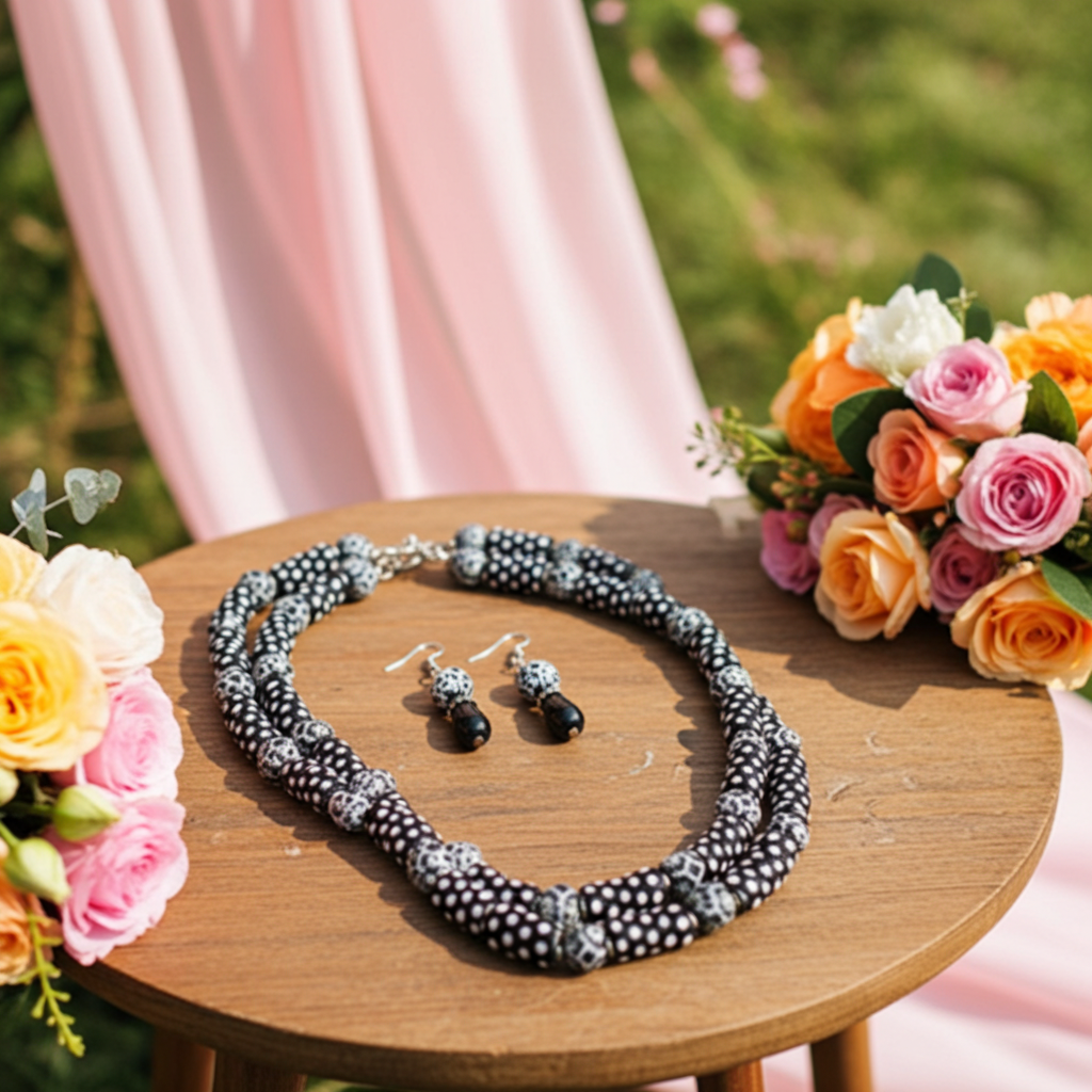 Black & White Handmade Bead Necklace & Earrings  Set