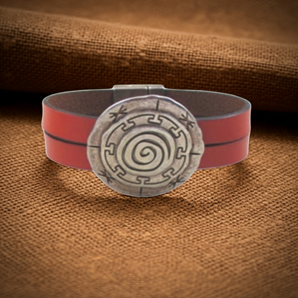 Burnt Orange Leather Bracelet with Silver Mandala Focus