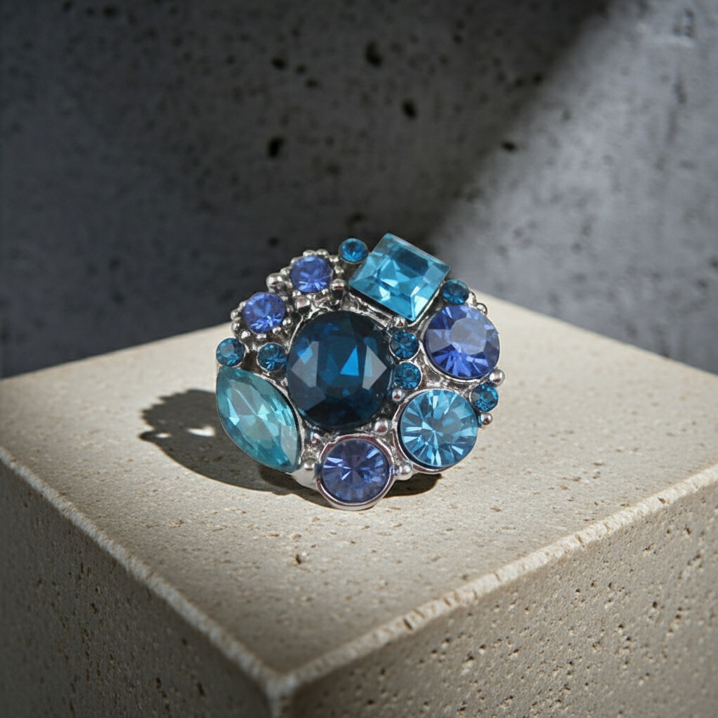 Aqua & Blue Multi-stone Crystal Right Hand Fashion Ring Size 7