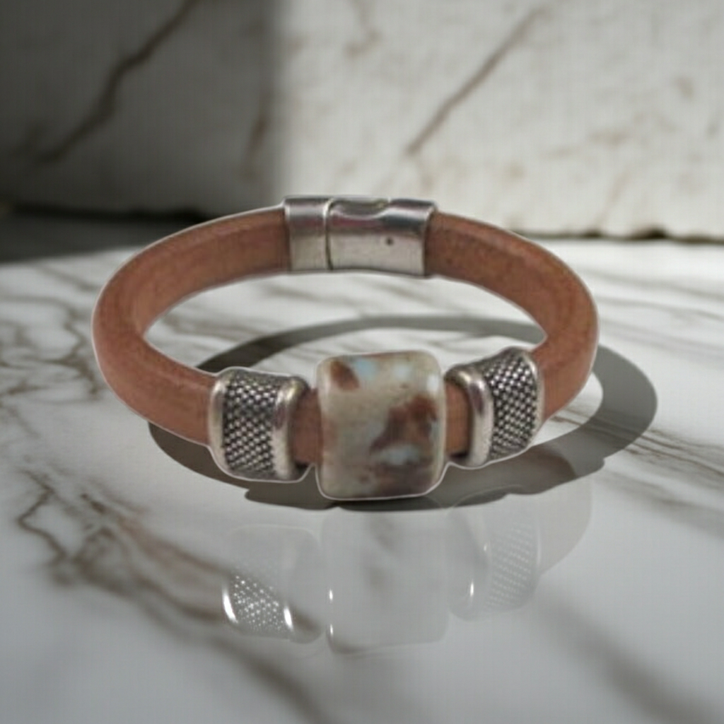Natural Leather Bracelet with Handmade Ceramic Focus