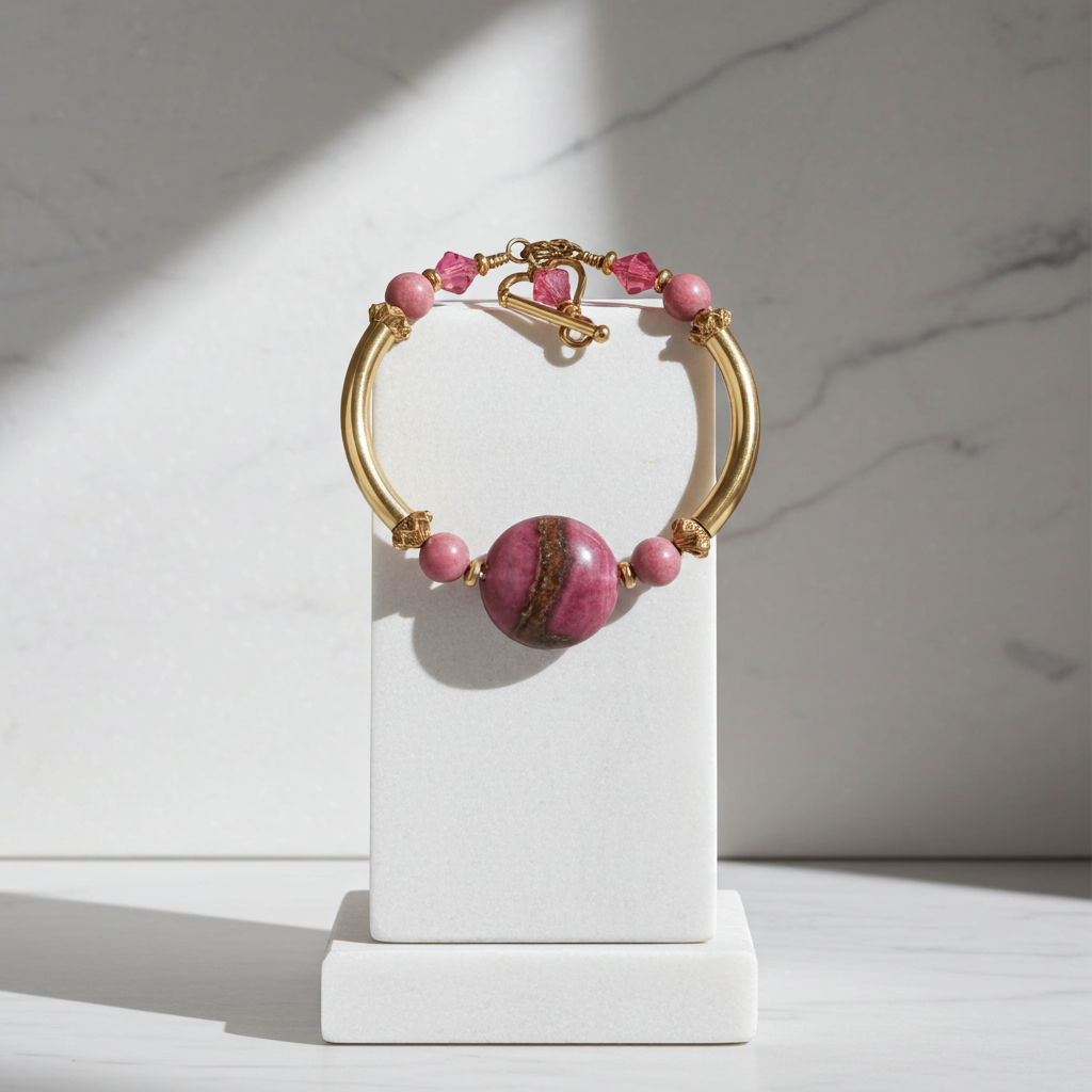 Pink & Gold Artisan Bead Gold Bangle Bracelet