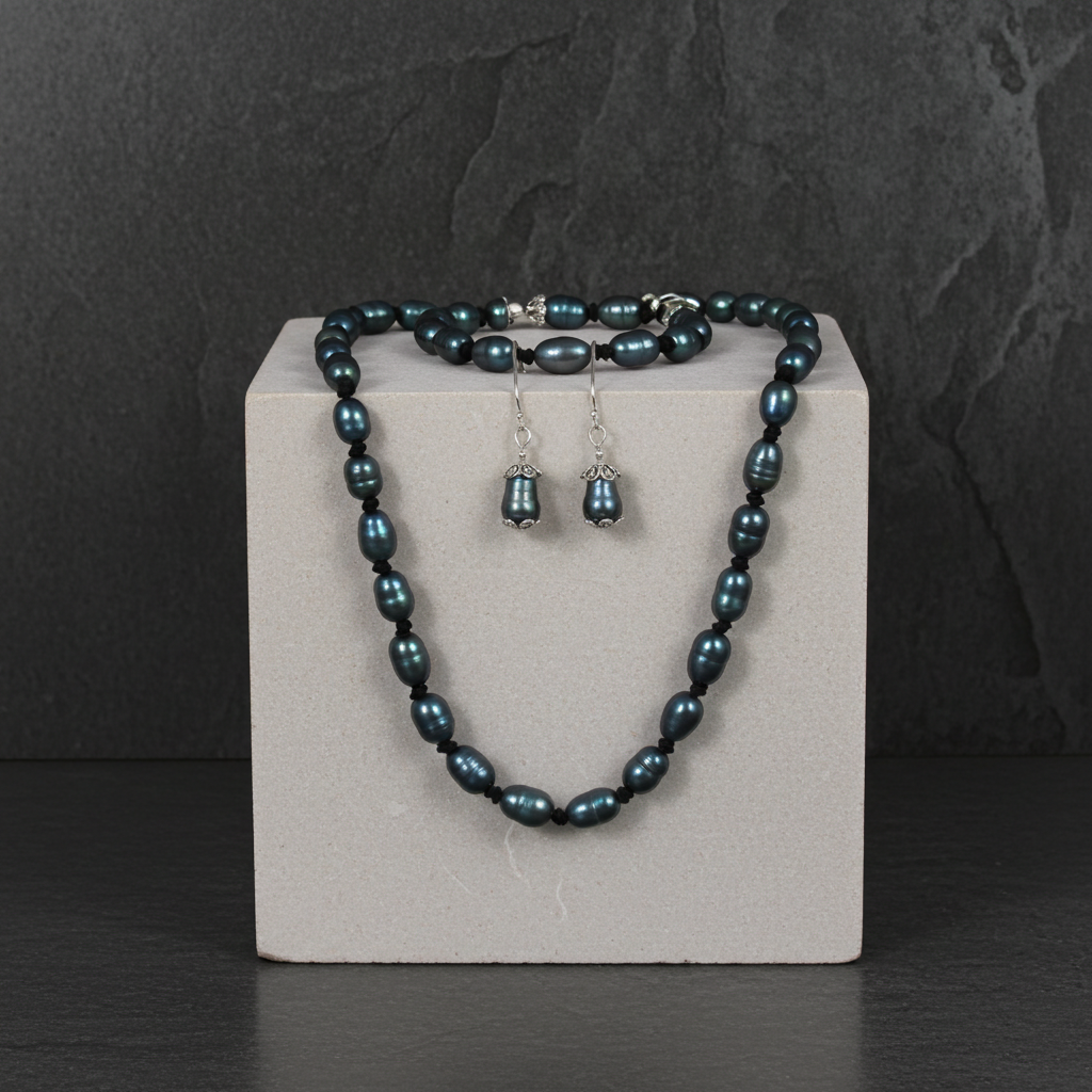 Dark Blue Pearl Necklace, Bracelet & Earrings