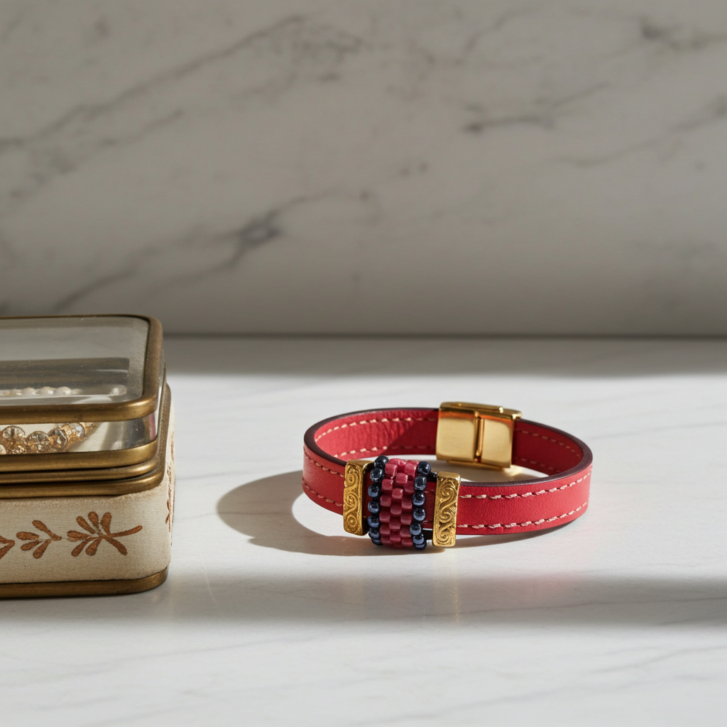 A red leather bracelet with gold hardware and a central beaded accent in red, navy, and gold, displayed on a white marble surface next to a decorative jewelry box.
