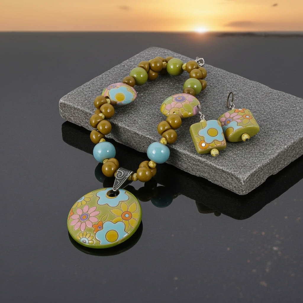 A jewelry set featuring a beaded bracelet and matching earrings with colorful floral ceramic-style charms, displayed on a gray stone block over a reflective dark surface at sunset.