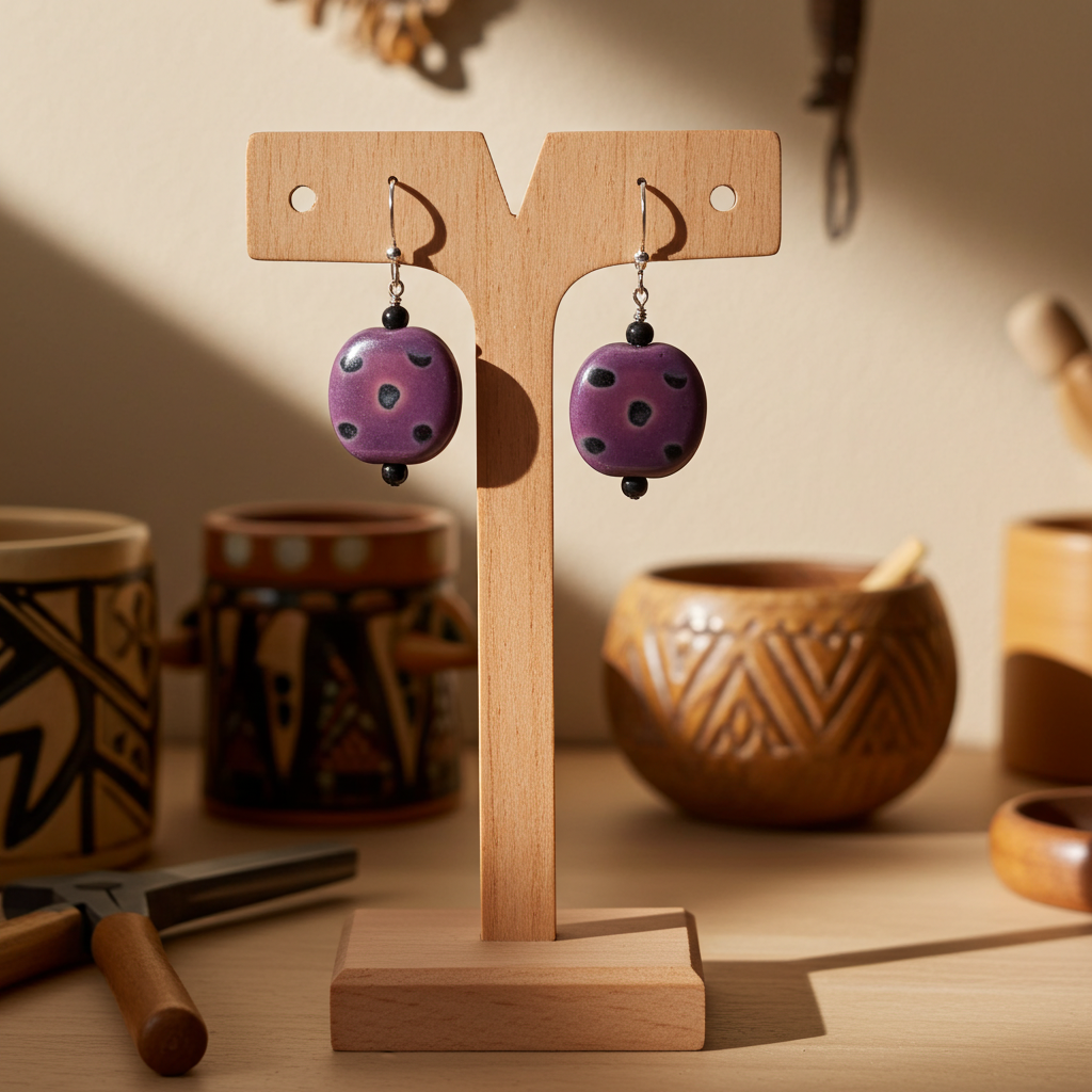 Fair Trade Beaded Earrings in Handmade Black and Purple Kazuri Beads