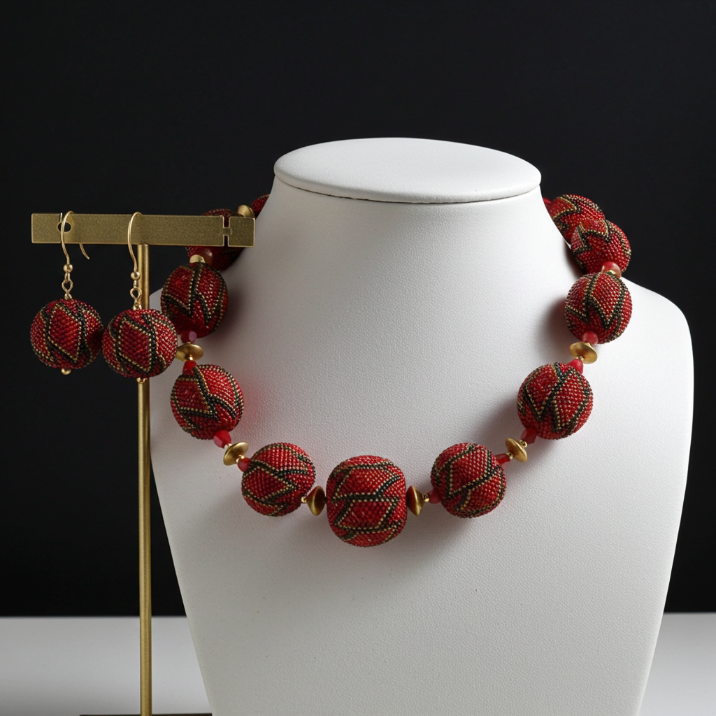 Exotic & Elegant Big Red Bead Dressy Necklace & Earrings