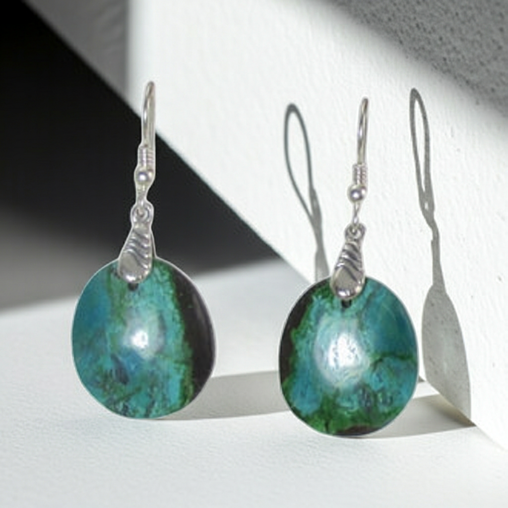 Chrysocolla Gemstone Designer Cut Drop Earrings Rare Parrot  Wing