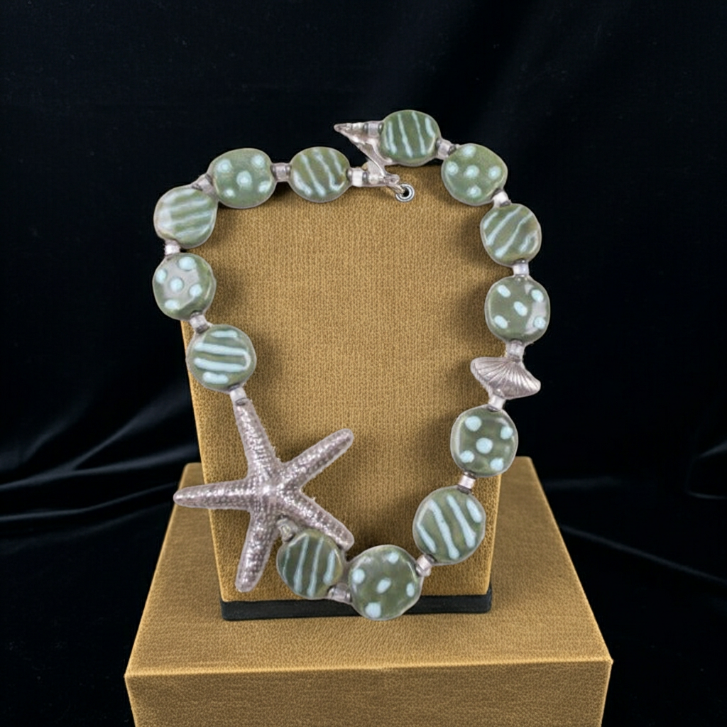 Green Kazuri and Silver Starfish Necklace Fair Trade