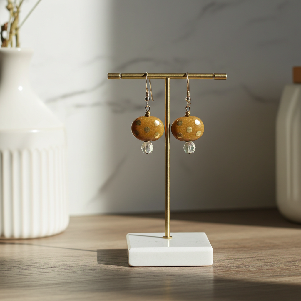Handmade Kazuri Earrings in Honey and Gold Kazuri Beads