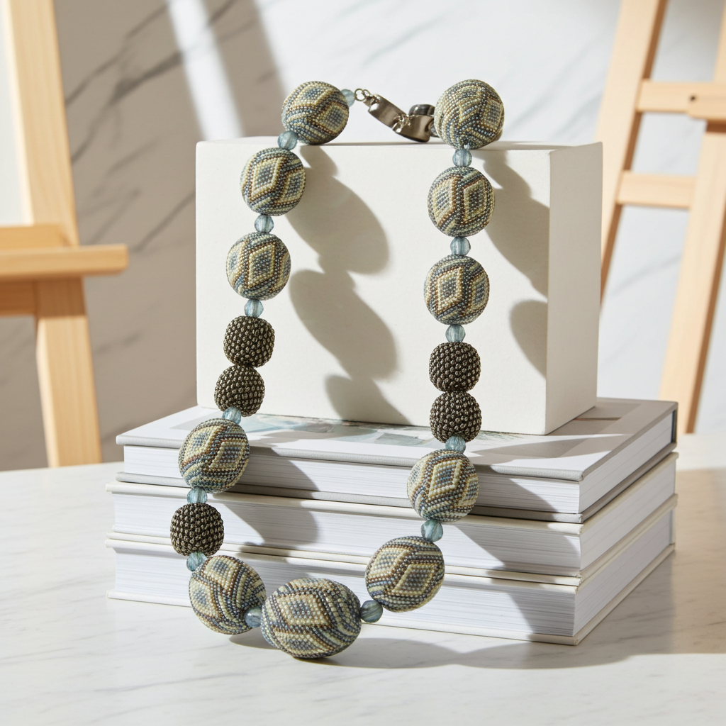 Exquisite Big Bold Chunky Bead Necklace in Cream Blue and Silver