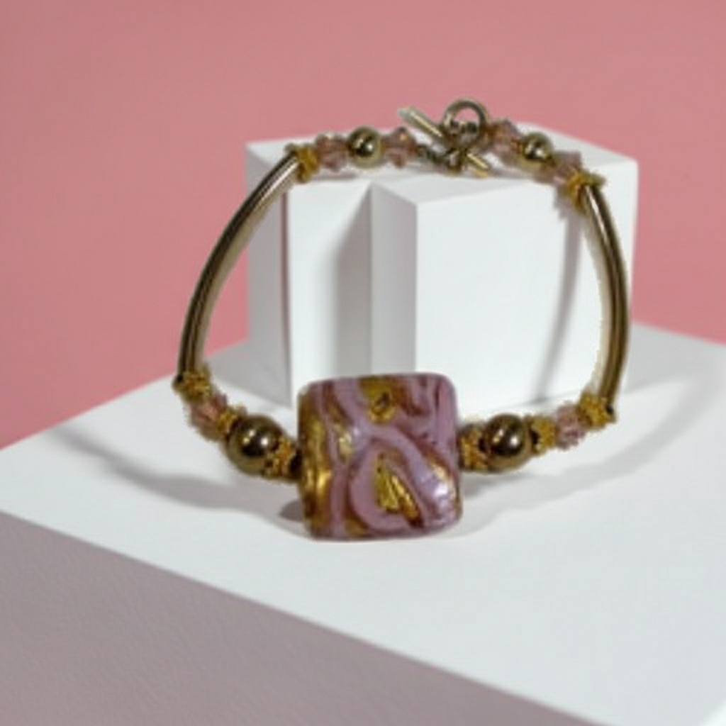 Handmade Pink  and Gold Bangle  Bracelet