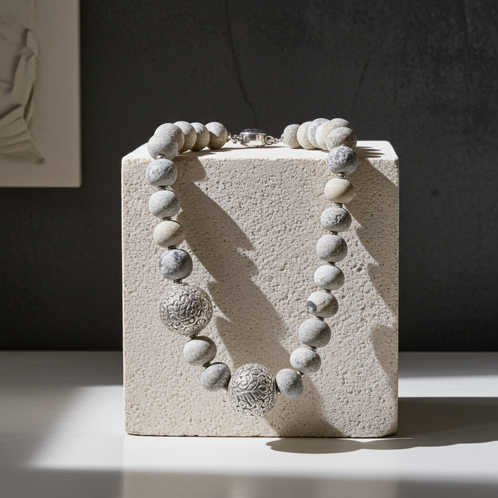 Silver and Rare Petrified Dinosaur Bone Bead Necklace
