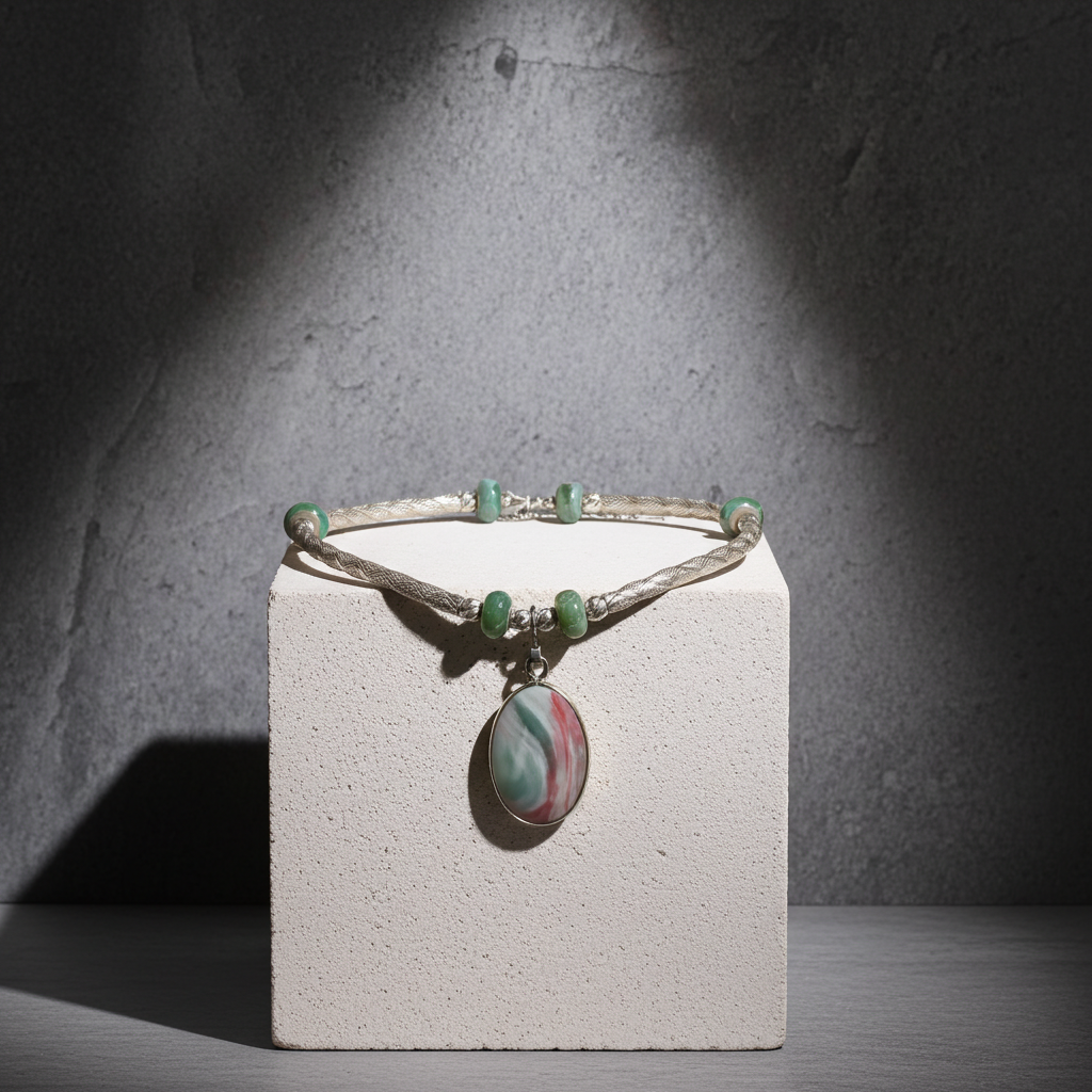 Ocean Wave Jasper Gemstone & Silver Pendant Necklace