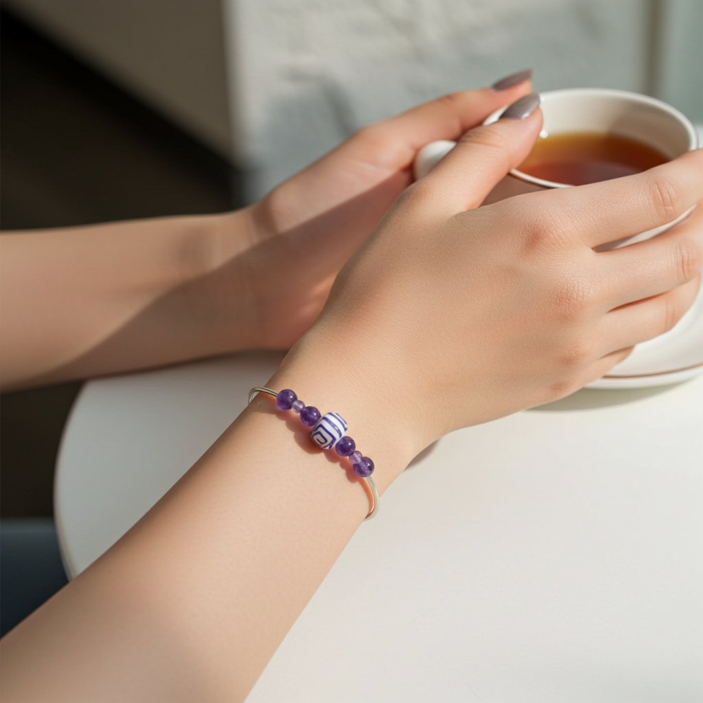 Purple Pansy Swirled Kazuri Bead Bangle Bracelet