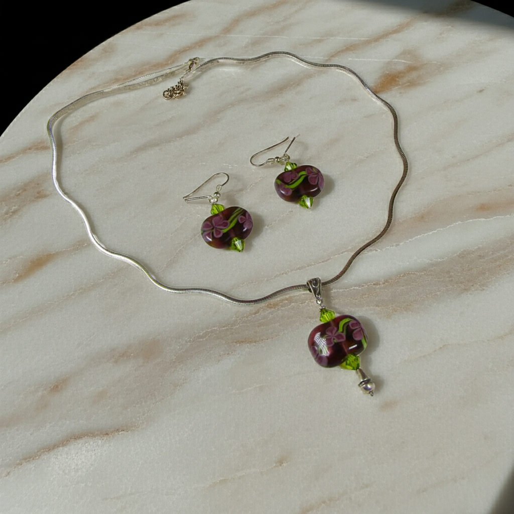 Handmade Artisan Bead Purple Lampwork Necklace & Earrings