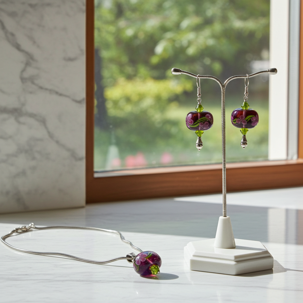 Handmade Artisan Bead Purple Lampwork Necklace & Earrings