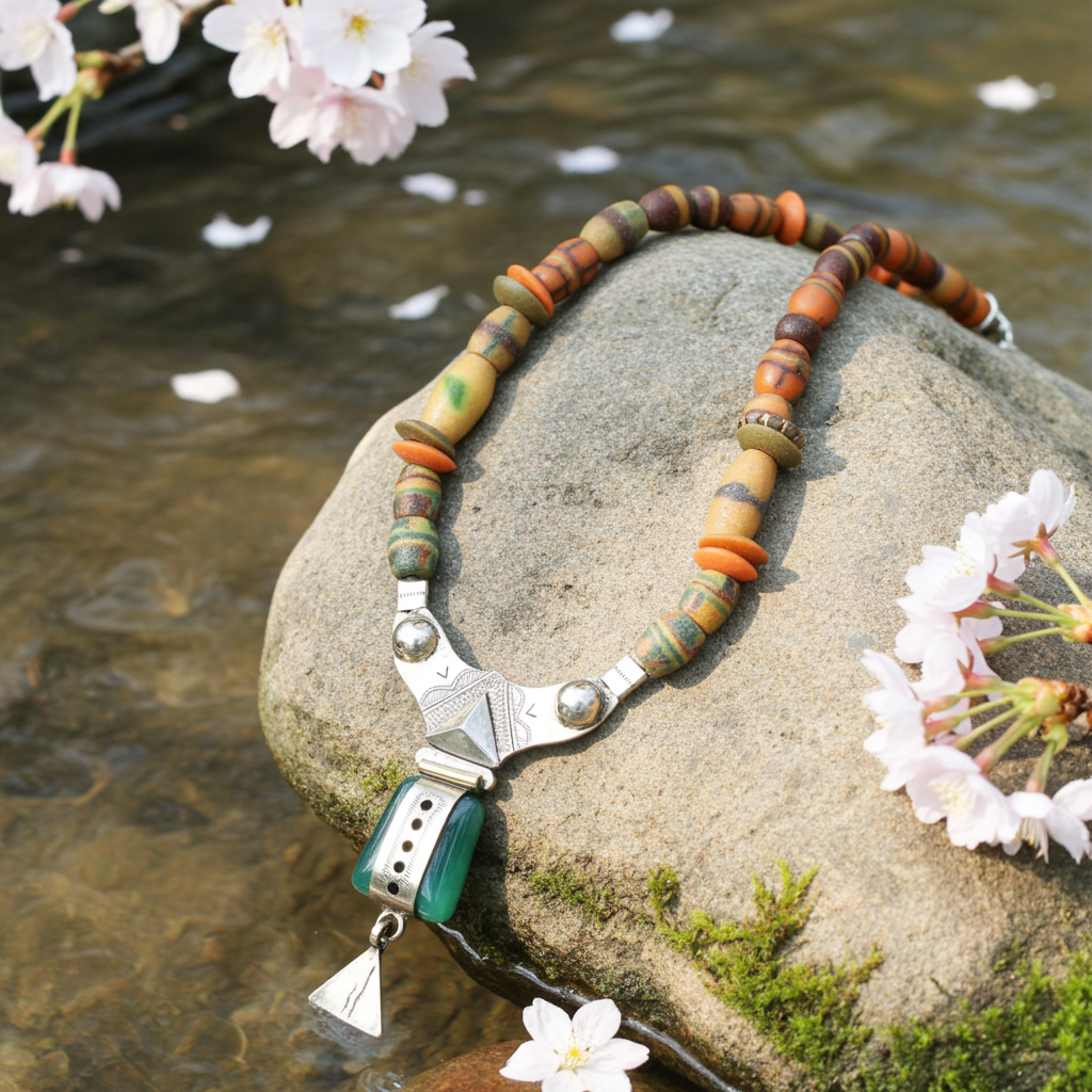 African Antique Silver & Jade Beaded  Pendant Necklace