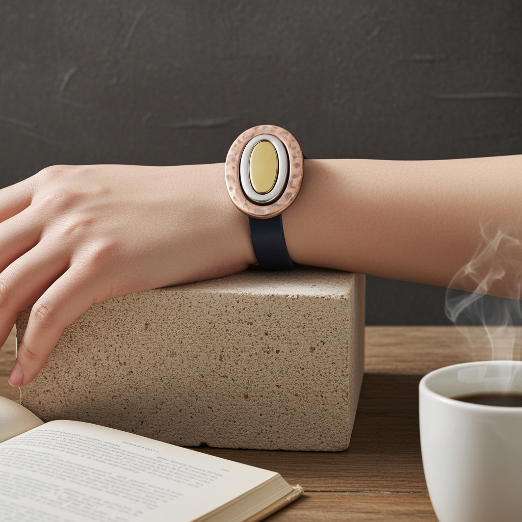 Blue Leather Bracelet Tri-colored Ringed Accent