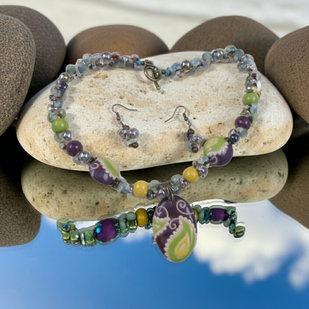 Handmade Green & Purple Artisan Bead Big Bold Necklace & Earrings