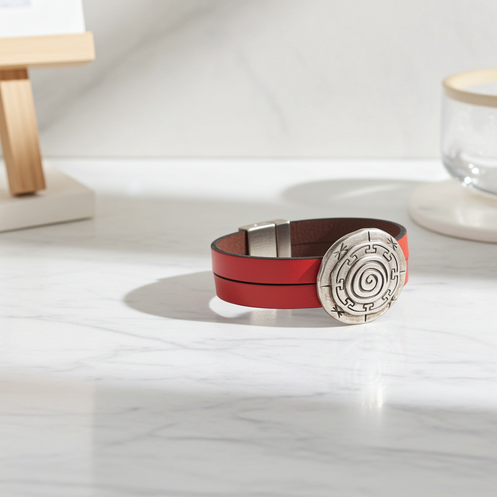 Burnt Orange Leather Bracelet with Silver Mandala Focus