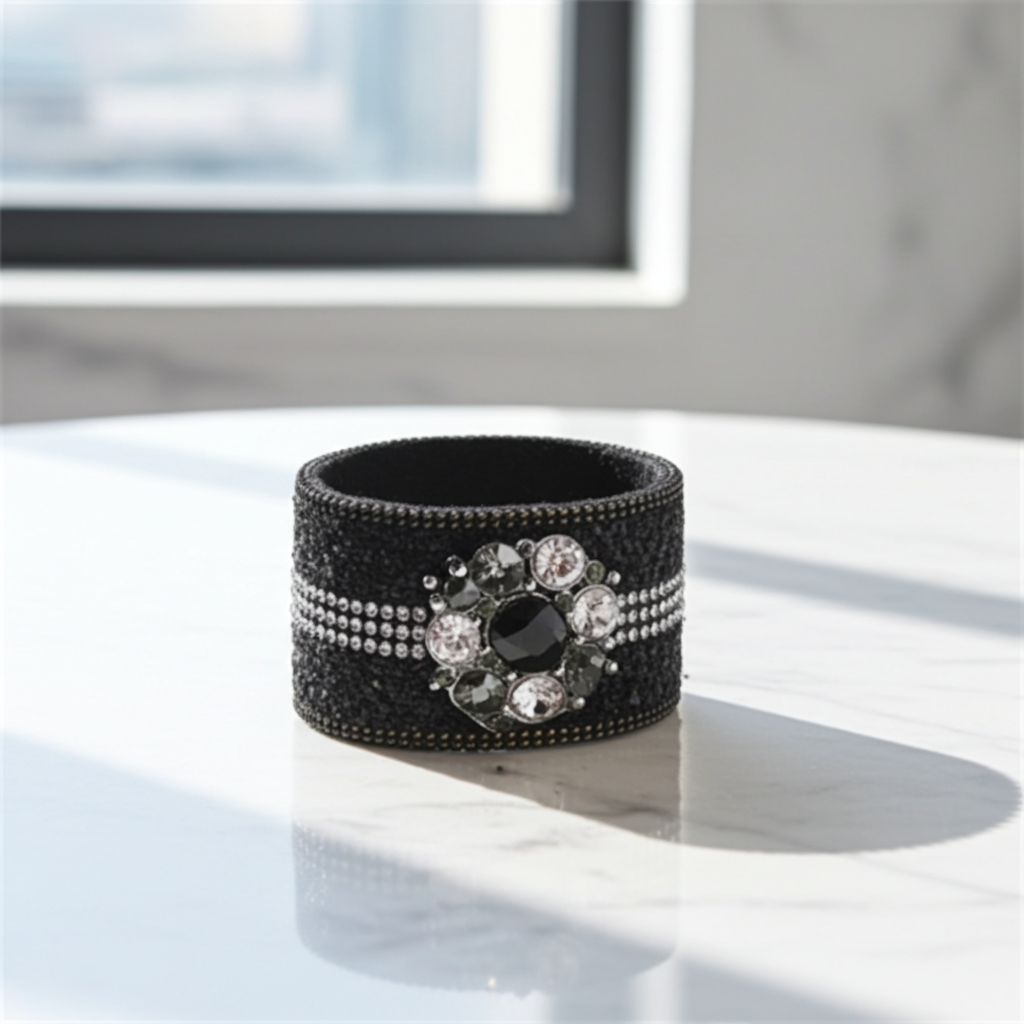 Black Leather Bracelet With Crystal Accent