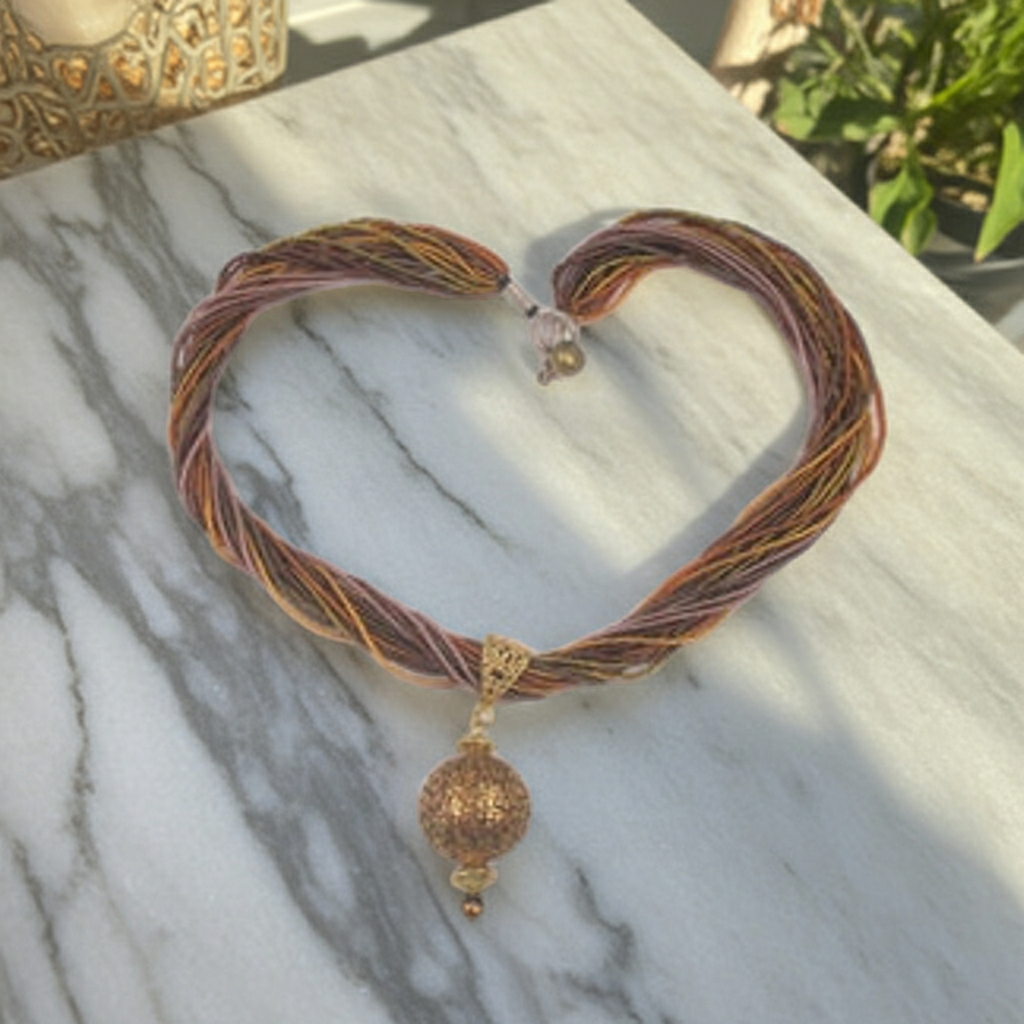 Brown & Copper Seed Bead Twisted Necklace with Gold Pendant