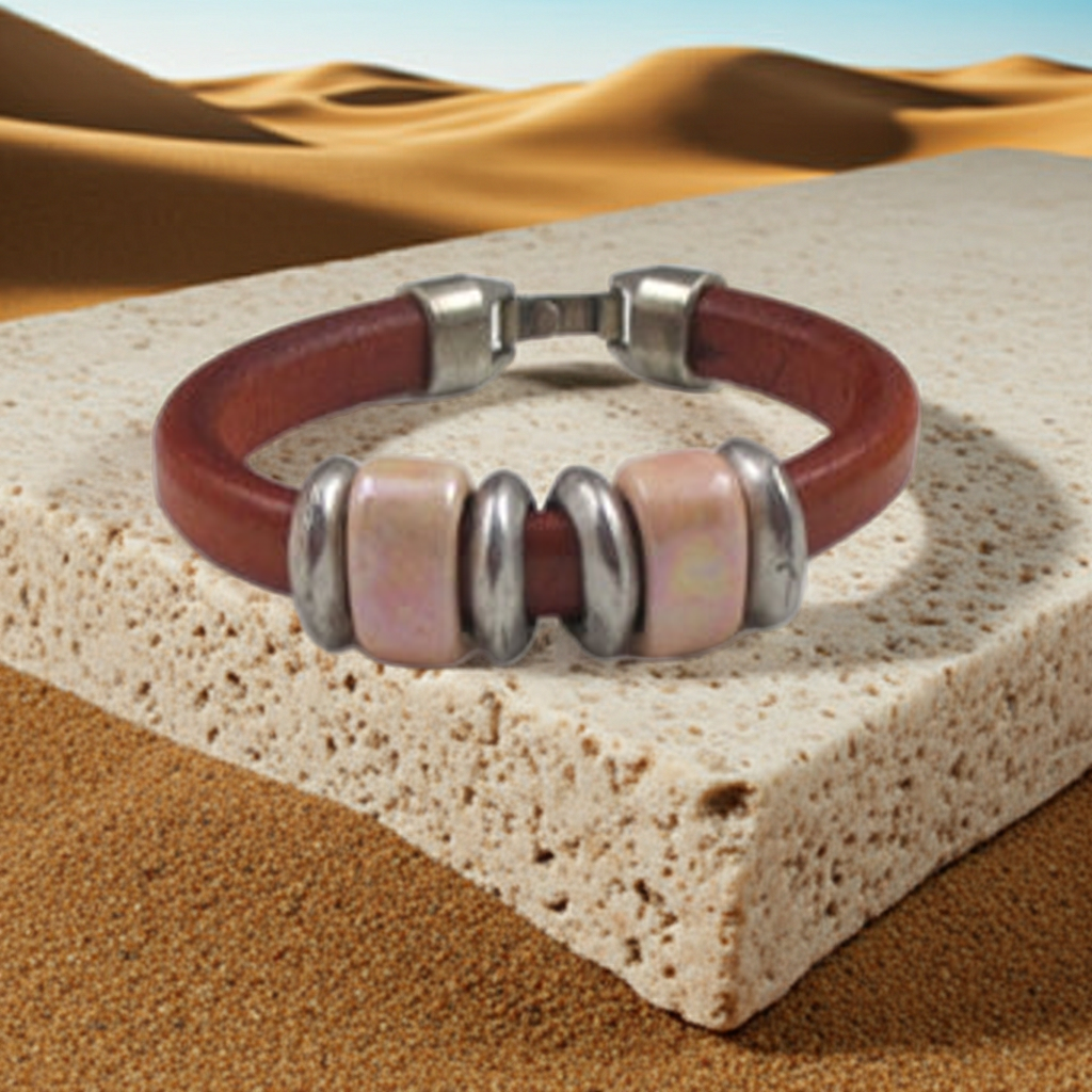 Orange Leather Bracelet with Silver and Ceramic Accents