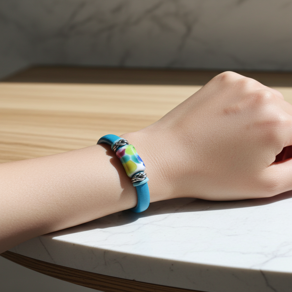 Turquoise Leather Bracelet with a Multi-colored Handmade Accent