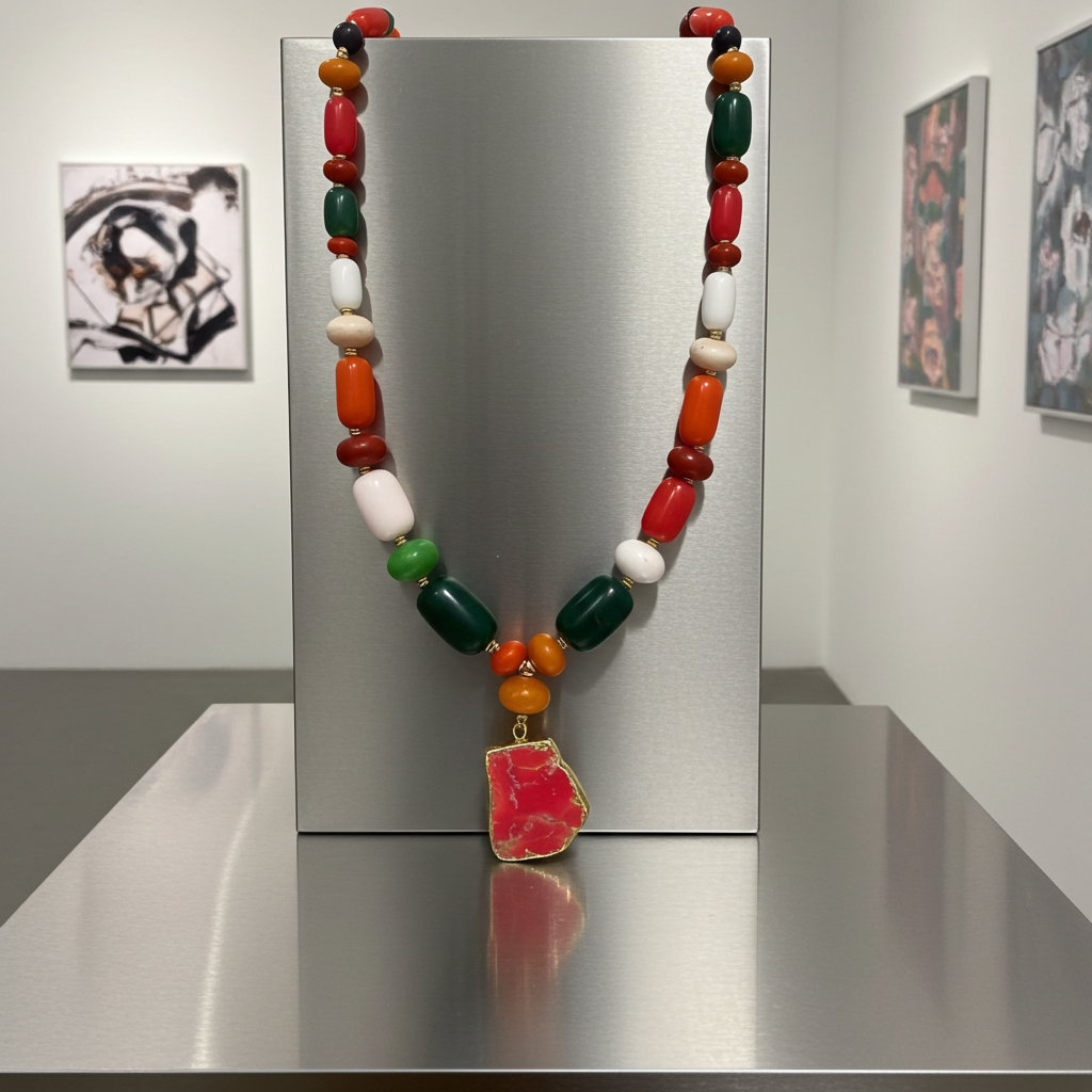 African Trade Bead Statement Necklace with Red Stone Pendant